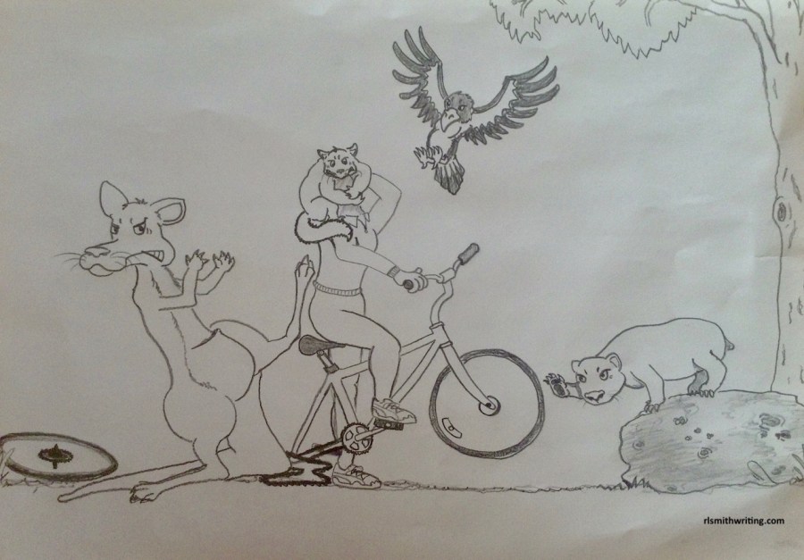 pencil sketch of bike rider being attacked by Australian wildlife