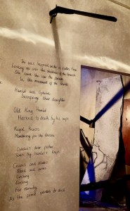 Writing on a wall beneath a replica shot gun:
She was trapped under a fallen tree
Looking up into the shadows of the branch
She said she saw the future
In the movement of the leaves
Hamlet and Ophelia 
sacrificing their daughter
Old King Hamlet
Hacked to death by his wife
Royal Princess
Murdering for the throne
Ophelia's dear father
Slain by Hamlet's knife
Crowns and blades
blood and arms
circling
for eternity
As the forest splinters to dust